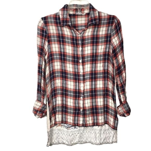 WHITE CROW BOHO WESTERN‎ PLAID BACK DESIGN HI LOW BUTTON UP FLANNEL SHIRT XS - Picture 1 of 8